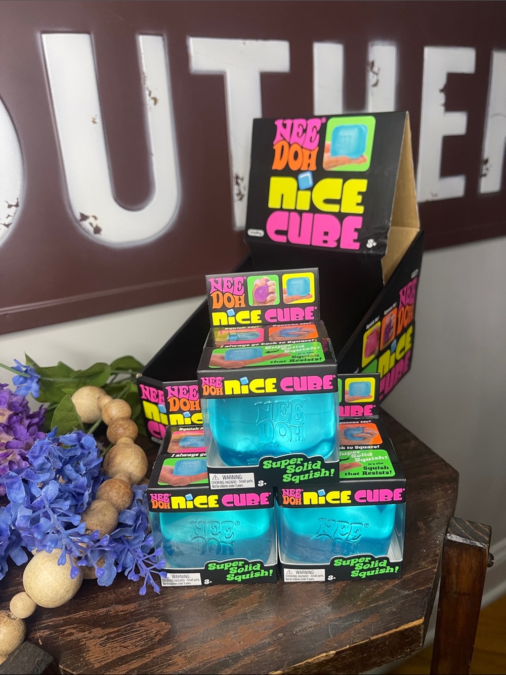 3 NEW NeeDoh Nice Cubes w/ Display Box Blue Super Solid Squish Schylling NIB